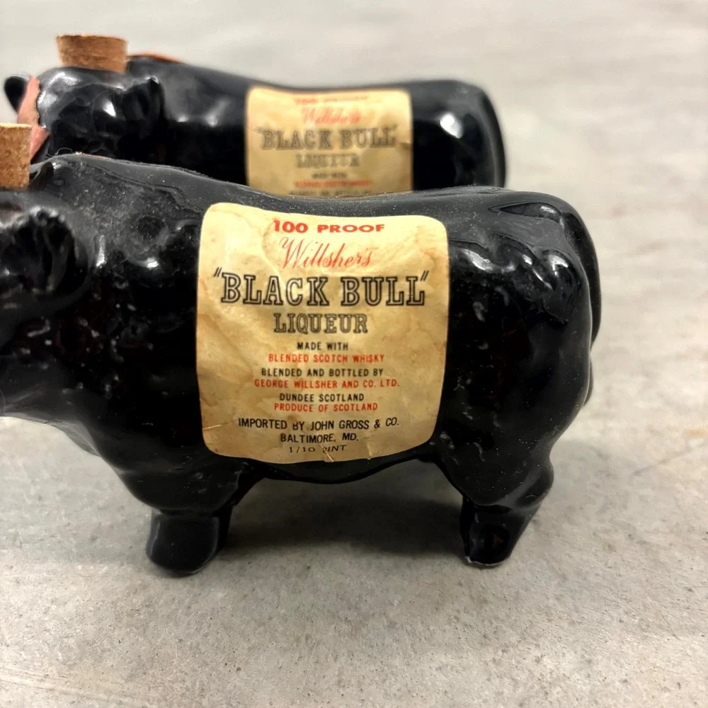 Vintage Wilsher's Black Bull Mini Ceramic Decanters Set of 2 Scotch Whisky Bulls